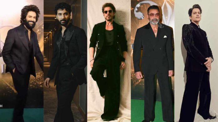 IIFA 2025, IIFA Awards, Jaipur, Rajasthan, Bollywood Awards, Green Carpet   , Bollywood Events, All-Black Outfit   , Black Suit   , Bollywood Fashion, Celebrity Style, Red Carpet Fashion, Men's Fashion, Ethnic Wear ,Vijay Varma) Double-Breasted Blazer, Shah Rukh Khan   , SRK, Raghav Juyal, Bobby Deol   , Vijay Varma, Kartik Aaryan, Bollywood Stars, Tinted Sunglasses, Velvet Blazer, Embroidered Suit, Pocket Square, Satin Vest, Brooch, Celebrity Appearances, Bollywood Glamour, Fashion Trends, Award Show Fashion, March 8th 2025   , March 9th 2025,